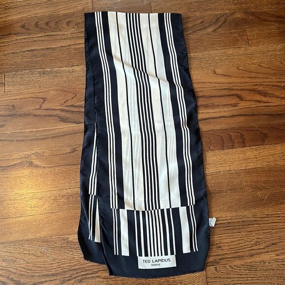 Vintage Ted Lapidus Paris silk black & tan striped long scarf - Picture 7 of 9